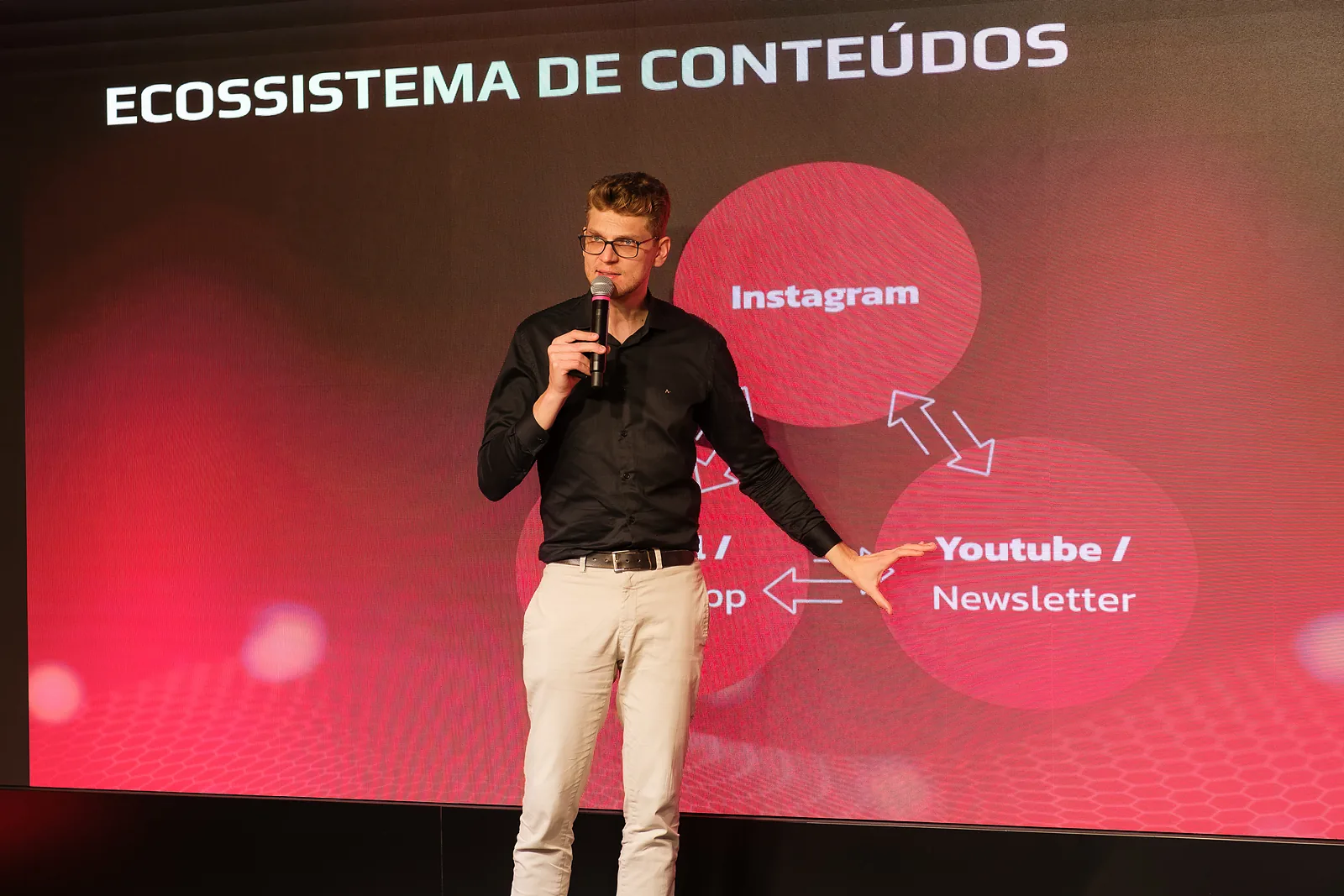 Ricardo Werlang no palco diante do telão, Expert Experience, 2025.