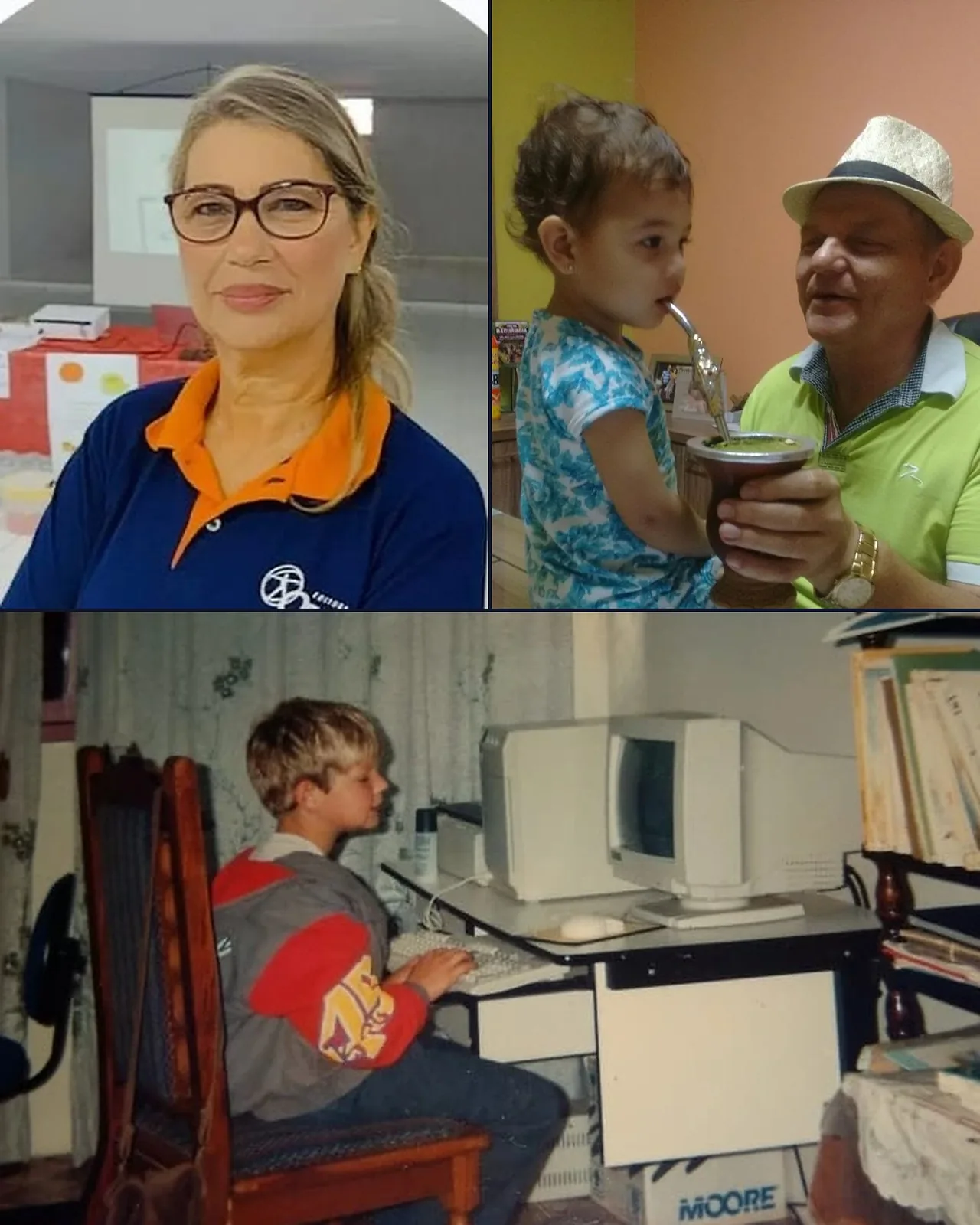 Montagem: a mãe professora, o pai empresário e Ricardo criança no computador de tubo.